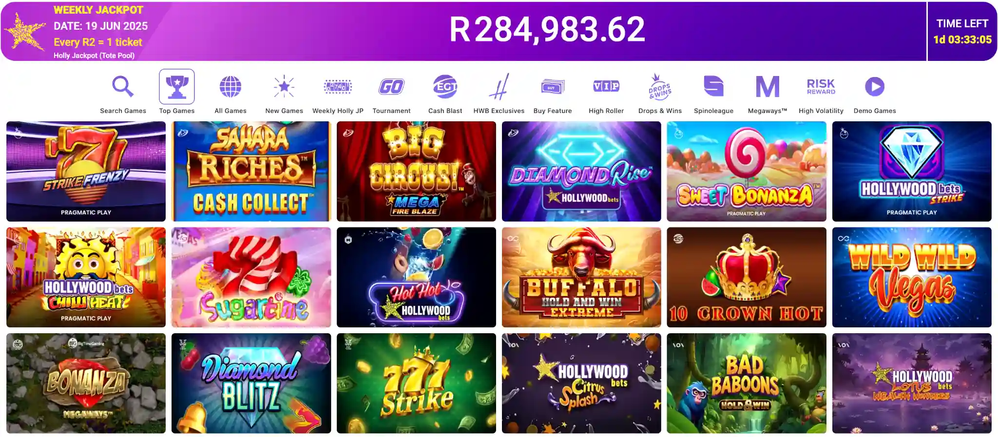 Selection of top games at HollywoodBet casino